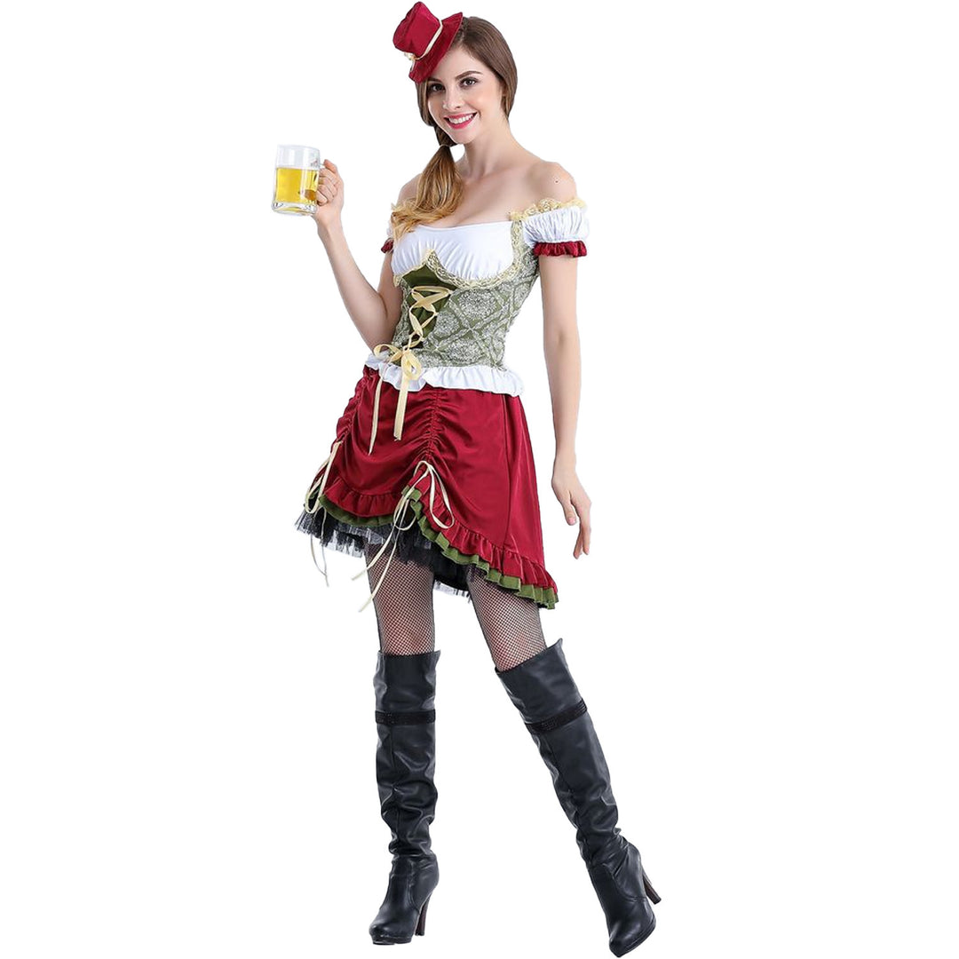 Ladies Bavarian Oktoberfest Beer Girl Costume with lace-up bodice puff sleeves and layered skirt Mune Fashion