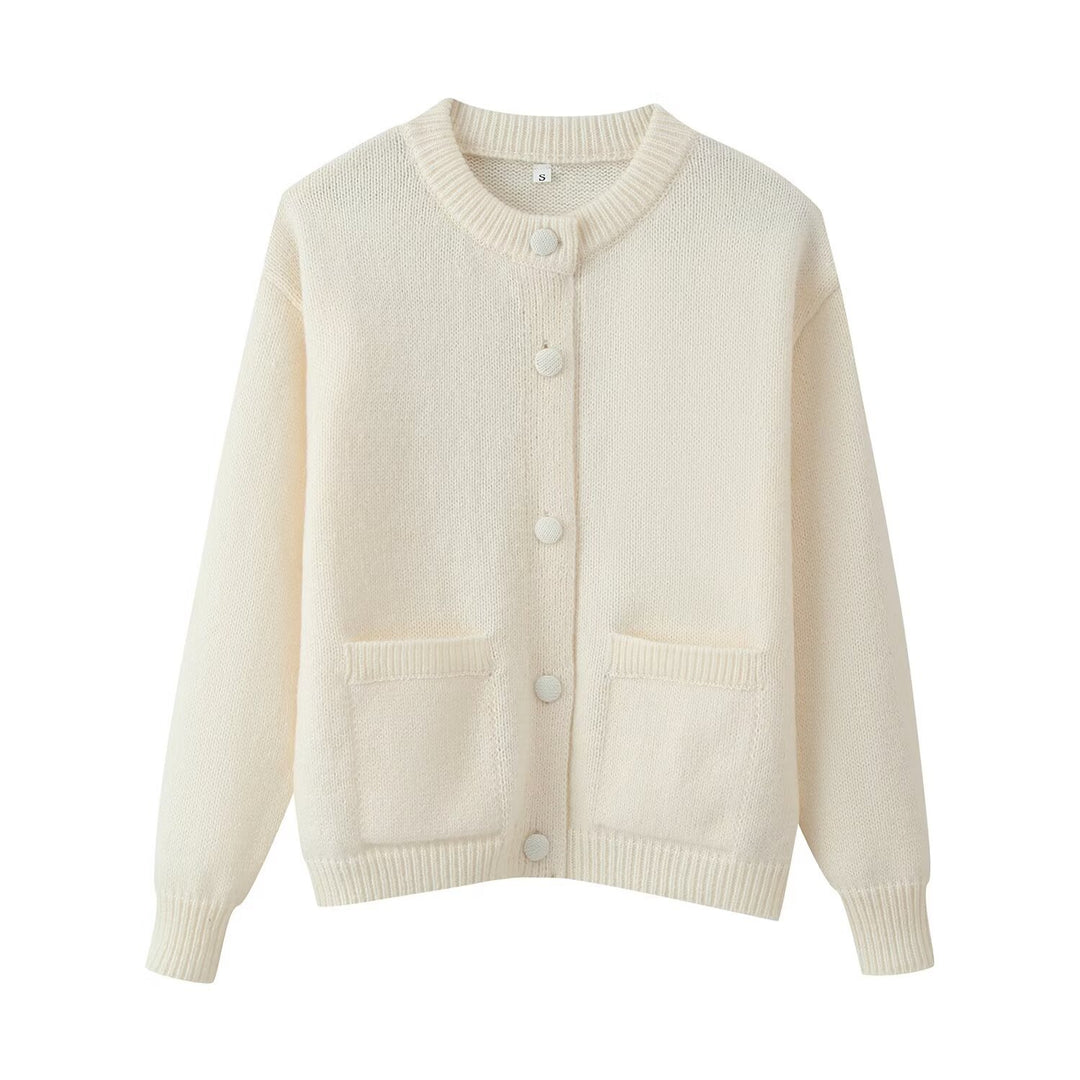 Women 200+ Oversized Knit Cardigan with Round Neckline, Covered Buttons and Patch Pockets Mune Fashion