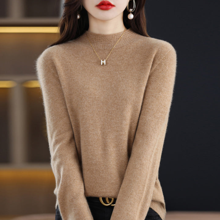 Women Light Fine Knit Mock Neck Sweater with Structured Collar Trim Mune Fashion
