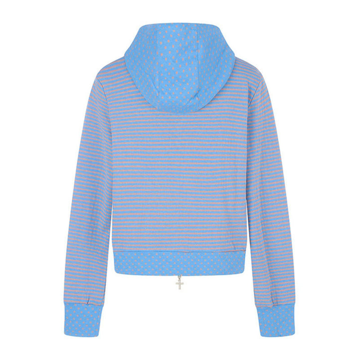 Women's Short Hoodie Sweat Jacket in Stripe Mix with Full Zipper and Placket Application Mune Fashion