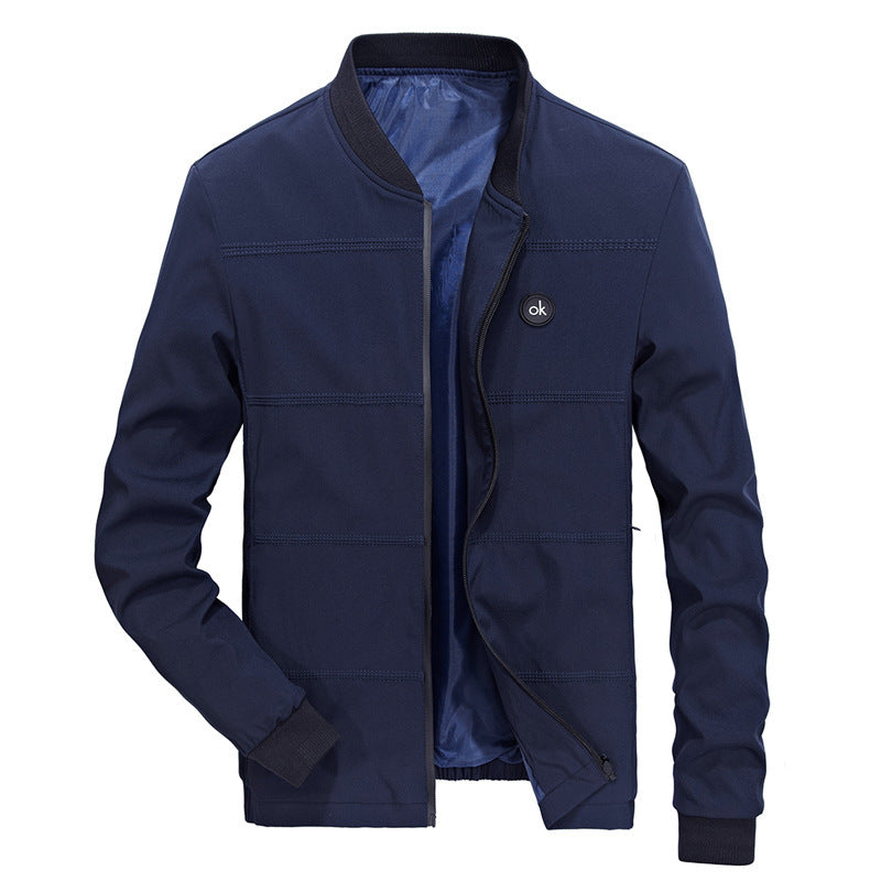 Men's Light Quilted Bomber Jacket with Stand Collar, Elastic Ribbed Cuffs, and Concealed Zipper