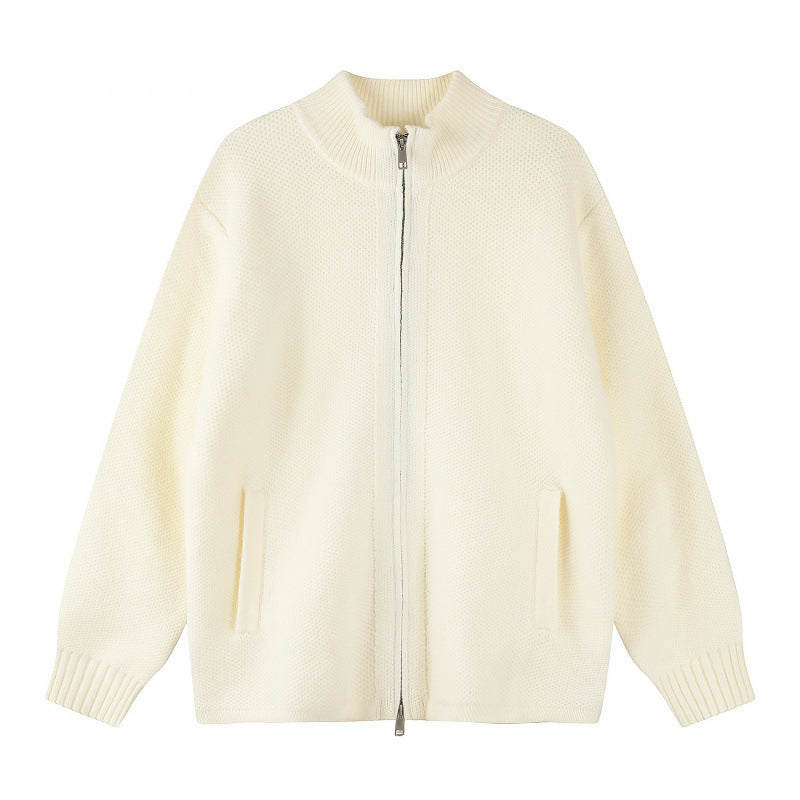 Women Oversized Knit Zip Jacket with Stand-Up Collar and Two-Way Zipper Mune Fashion