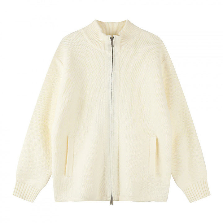 Women Oversized Knit Zip Jacket with Stand-Up Collar and Two-Way Zipper Mune Fashion