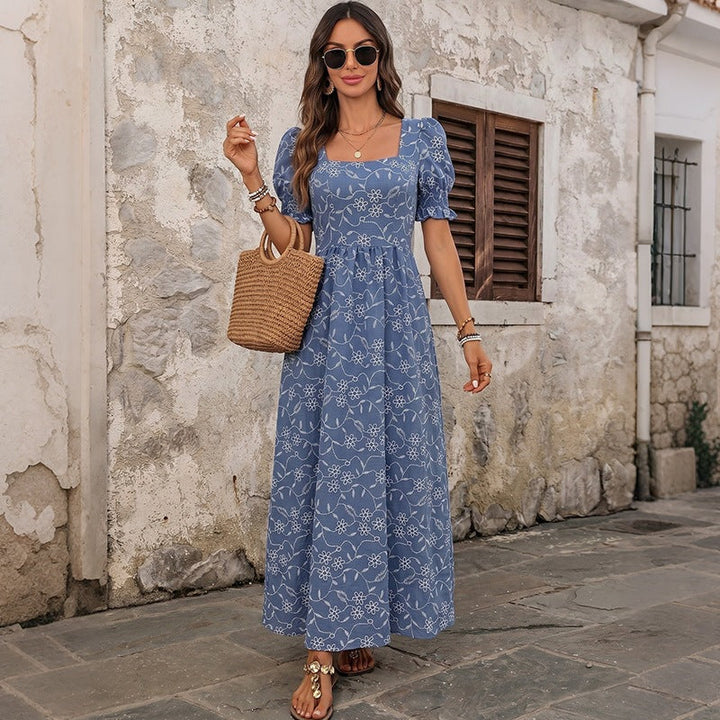 Women's Long Light Summer Maxi Dress with Square Neckline, Puff Sleeves and Floral Embroidery Look Mune Fashion