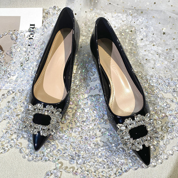 Ladies pointed-toe patent flats with cut crystal buckle Mune Fashion