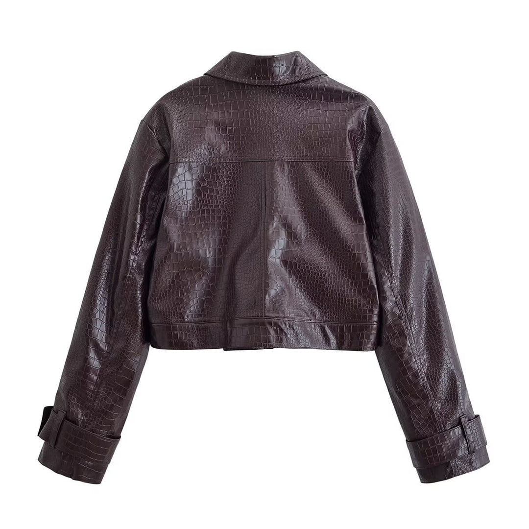 Women High-Waisted Straight-Leg Faux Leather Pants with Crocodile Embossing Mune Fashion
