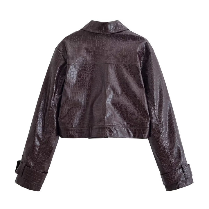 Women High-Waisted Straight-Leg Faux Leather Pants with Crocodile Embossing Mune Fashion