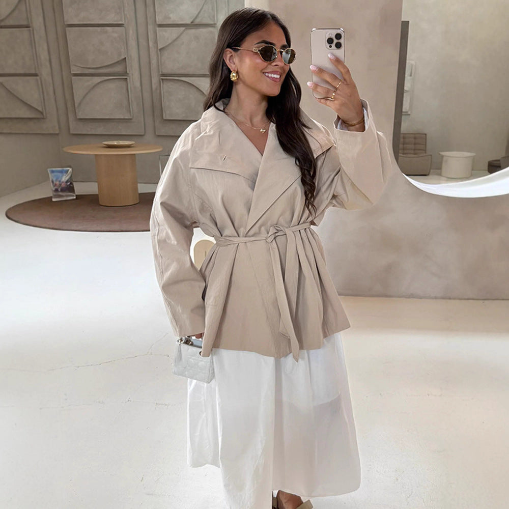 Women's wrap short jacket with tie belt, dropped shoulder and boxy silhouette Mune Fashion