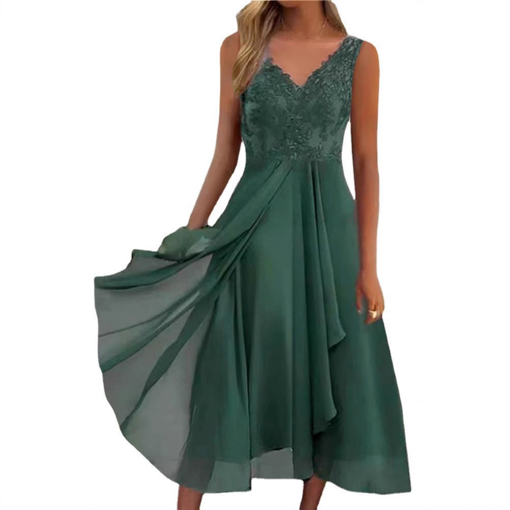Women's elegant evening midi dress with embroidered lace bodice, tailored draping, and flowing layered skirt Mune Fashion