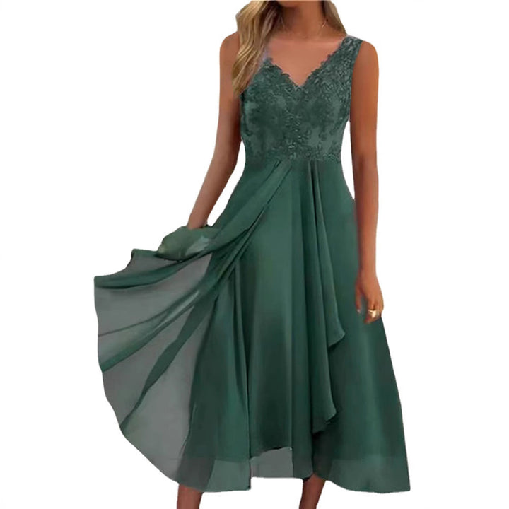 Women's elegant evening midi dress with embroidered lace bodice, tailored draping, and flowing layered skirt Mune Fashion