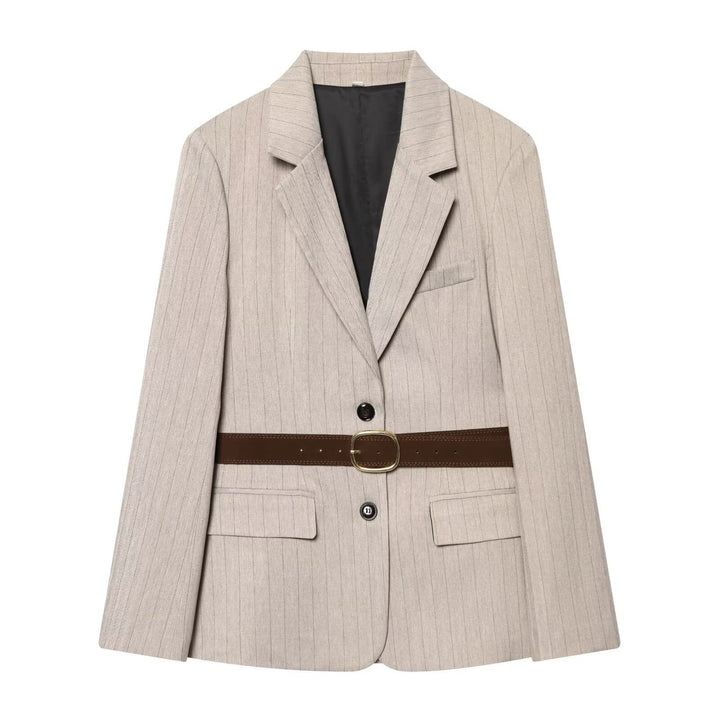 Women's Tailored Pinstripe Blazer with Contrast Belt and Notched Collar Mune Fashion