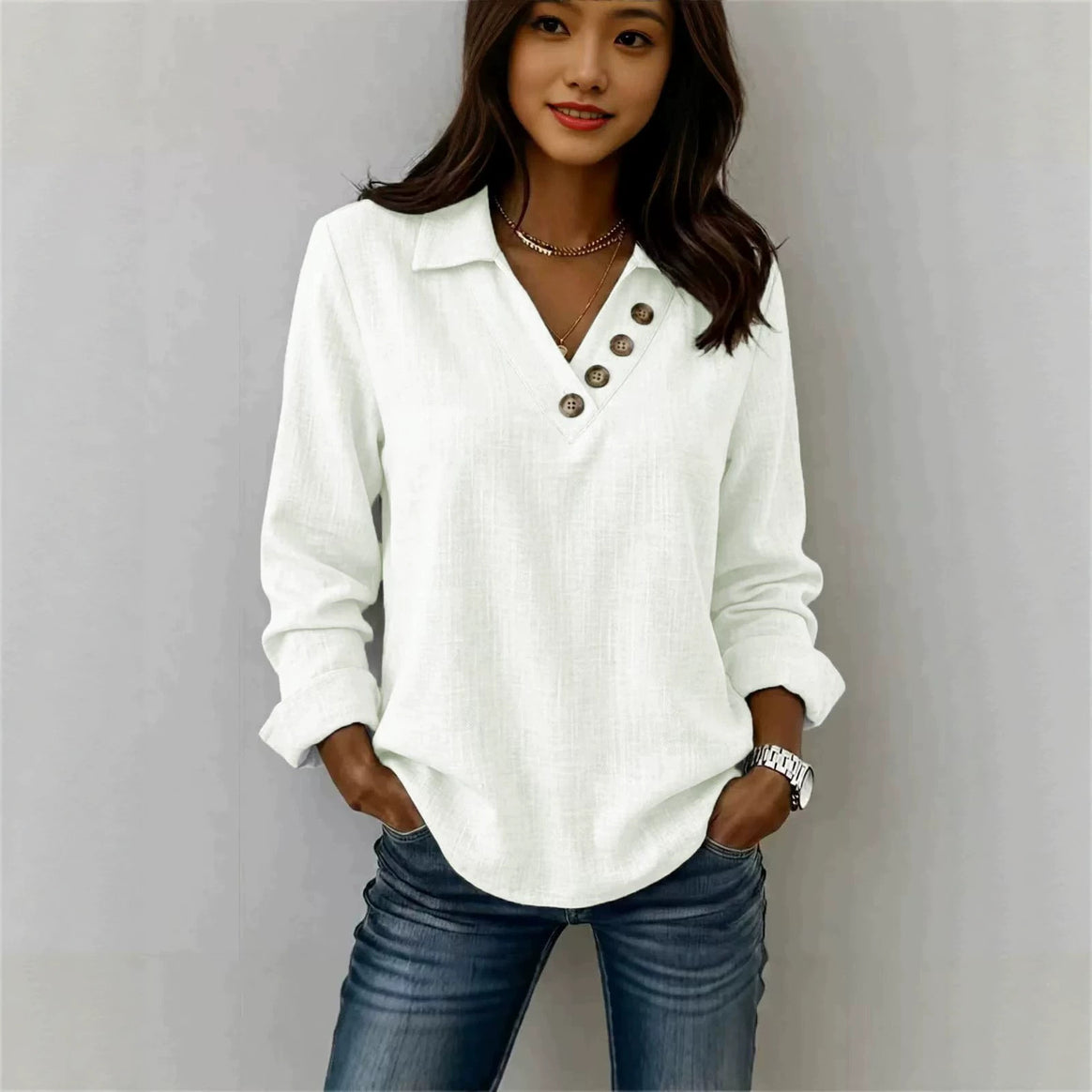Women's Casual V Neck Blouse Shirt with Shirt Collar and Asymmetrical Decorative Button Placket Mune Fashion