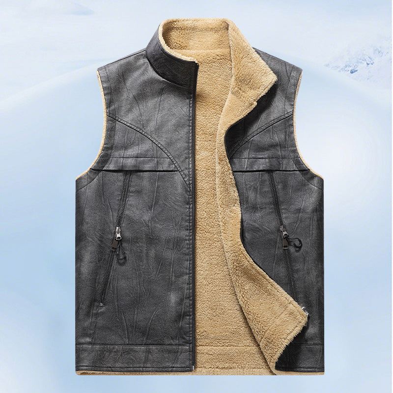 Men's Sleeveless Faux Leather Teddy Vest with Stand Collar and Zipper Pockets Mune Fashion