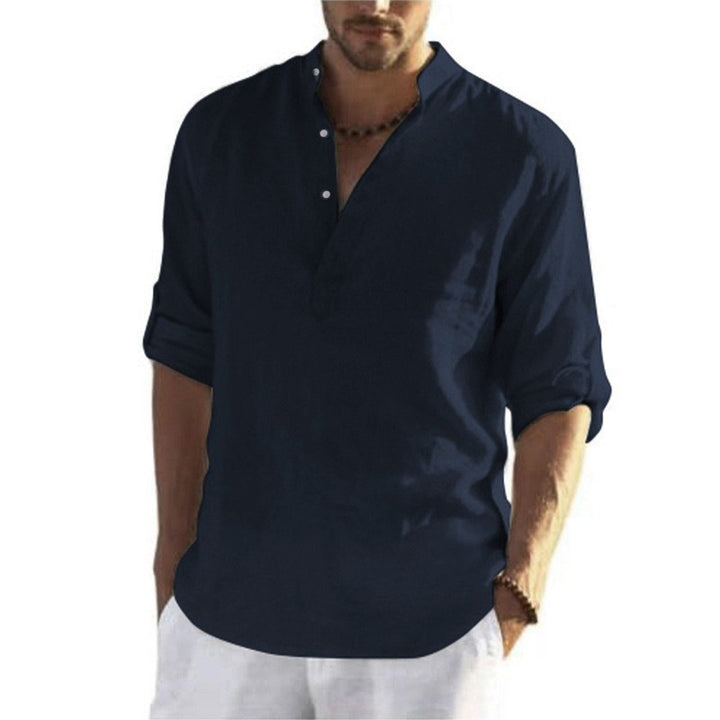 Men's casual linen shirt with stand-up collar, half placket, and roll-up sleeves Mune Fashion