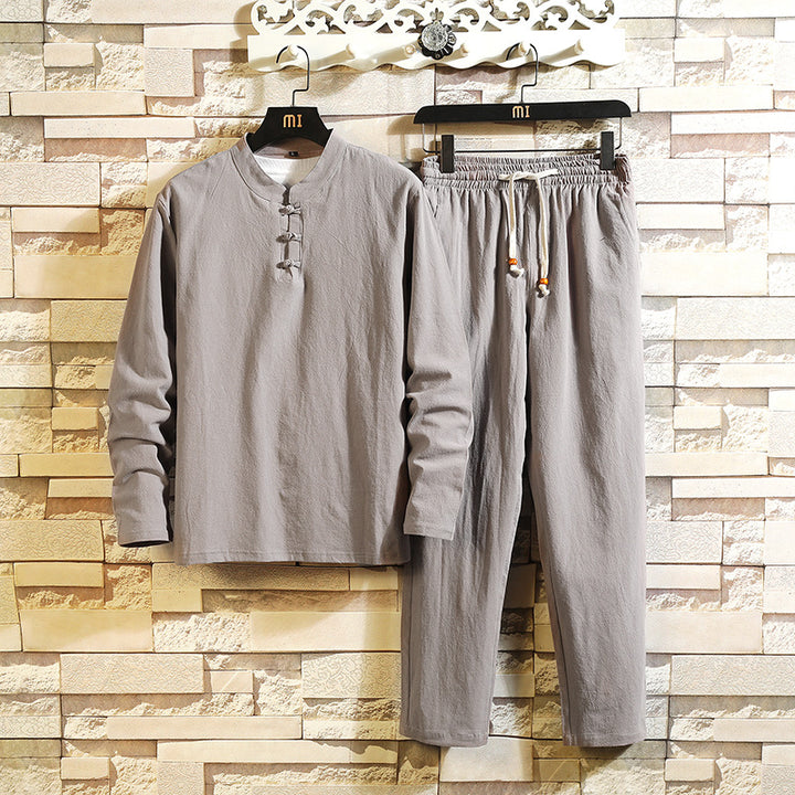 Men's relaxed cotton-linen two-piece with stand-up collar and drawstring Mune Fashion