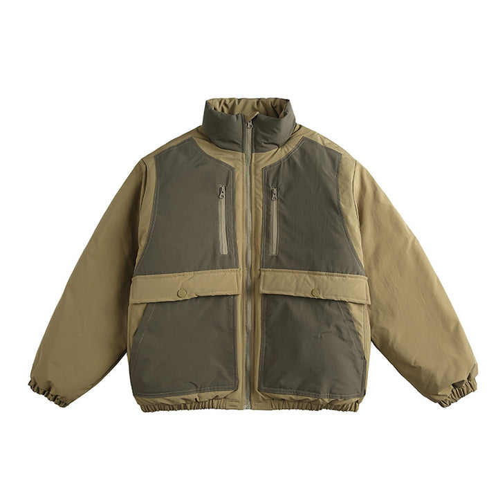 Unisex Boxy padded stand-up collar jacket with contrast panels, vertical chest zippers, and large flap pockets Mune Fashion
