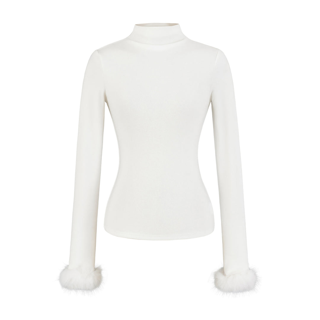 Women's Fitted Turtleneck Top with Faux Fur Cuffs Mune Fashion