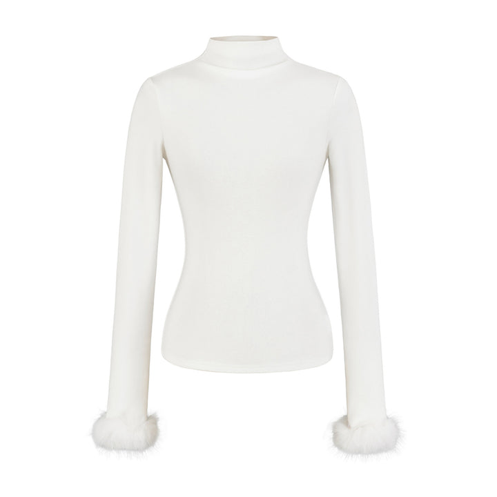 Women's Fitted Turtleneck Top with Faux Fur Cuffs Mune Fashion