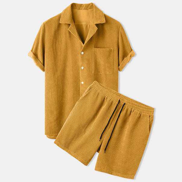 Men's short-sleeve leisure set with waffle texture, lapel collar and drawstring pants Mune Fashion