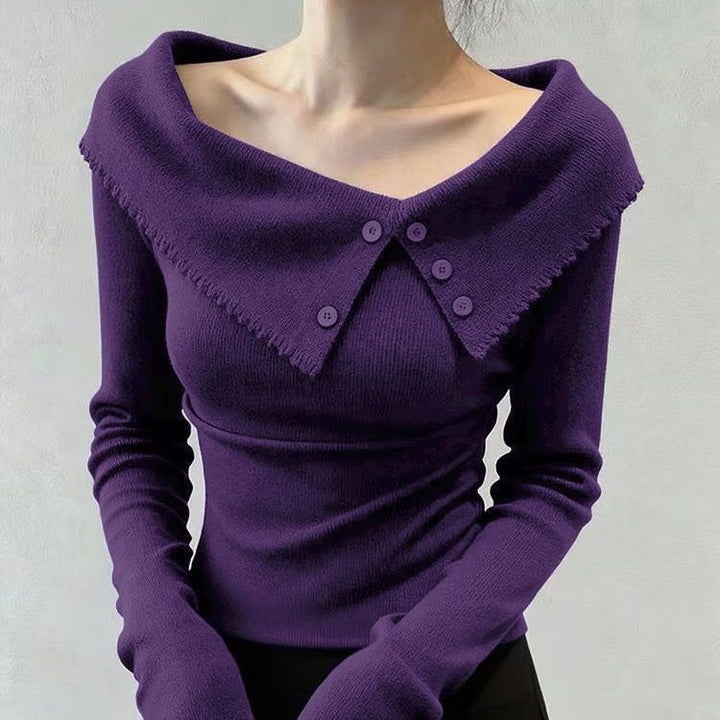Ladies Elegant Sweater with Wide Collar and Button Details Mune Fashion