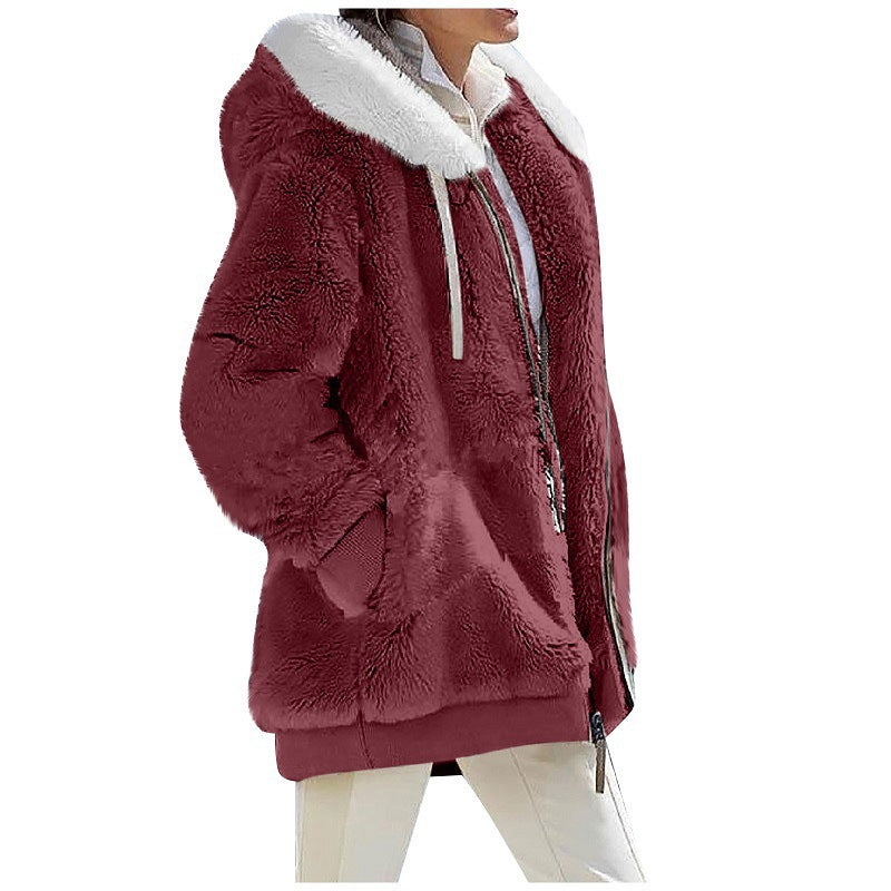 Ladies Cozy Teddy Hoodie Jacket with Contrast Trim, Zipper and Insert Pockets Mune Fashion