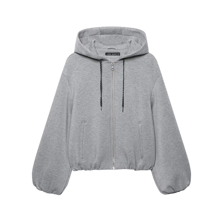 Women's Cropped Hooded Jacket with Zipper, Balloon Sleeves and Elastic Hem Mune Fashion