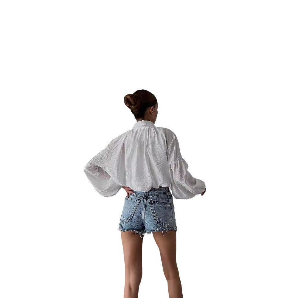 Women's Short Blouse with Balloon Sleeves, Decorative Button Placket and Light Texture Mune Fashion