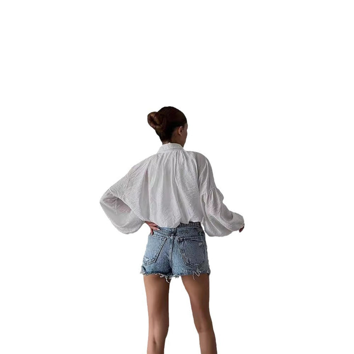 Women's Short Blouse with Balloon Sleeves, Decorative Button Placket and Light Texture Mune Fashion