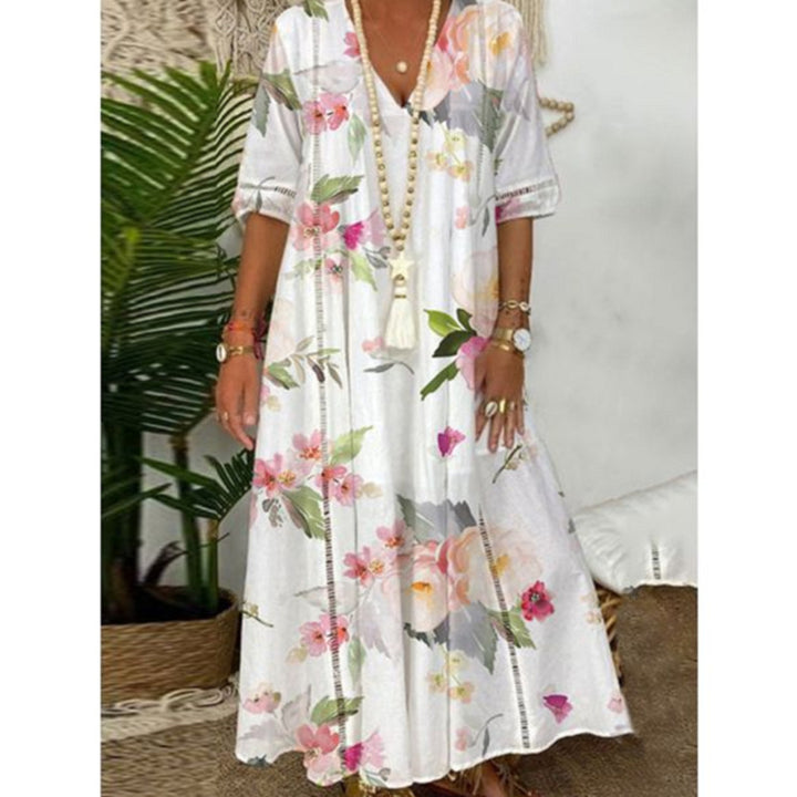 Ladies nan locker flowing Kaftan midimax dress with V-neck, openwork panels and lightweight linen blend quality Mune Fashion