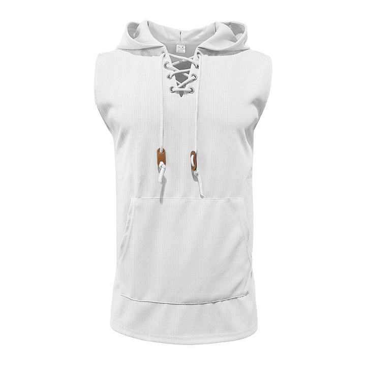Men sleeveless hoodie sweatshirt with laced collar and kangaroo pocket Mune Fashion