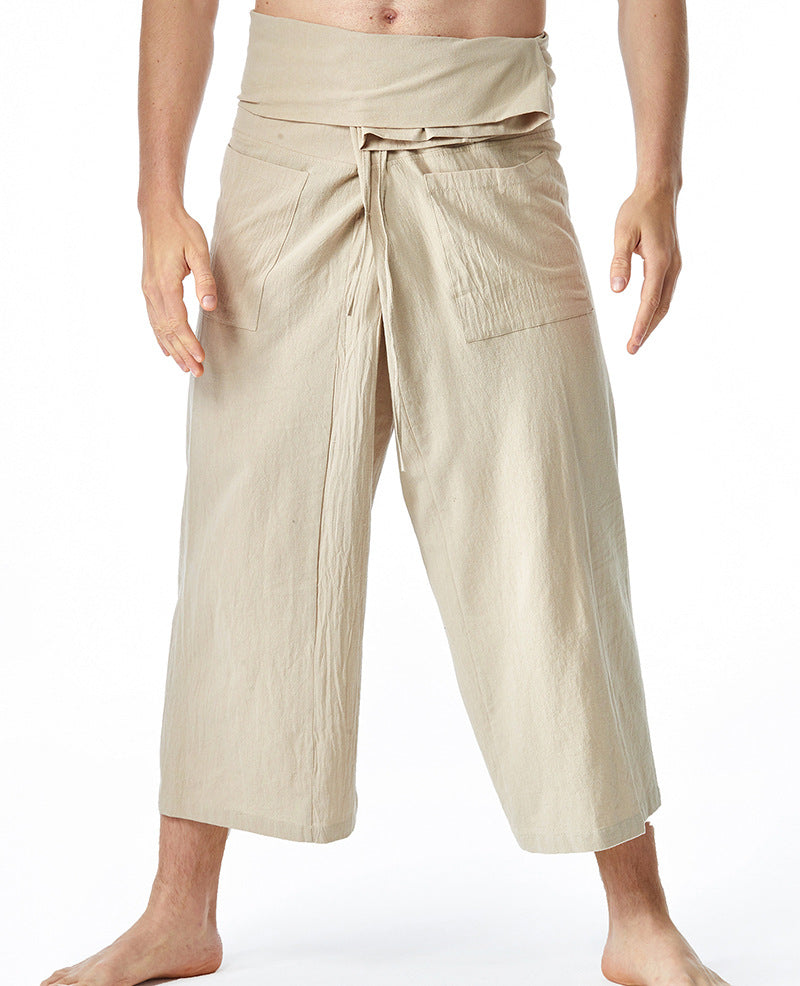 Men's loosely fitted linen harem pants with high foldover waistband and patch pockets Mune Fashion