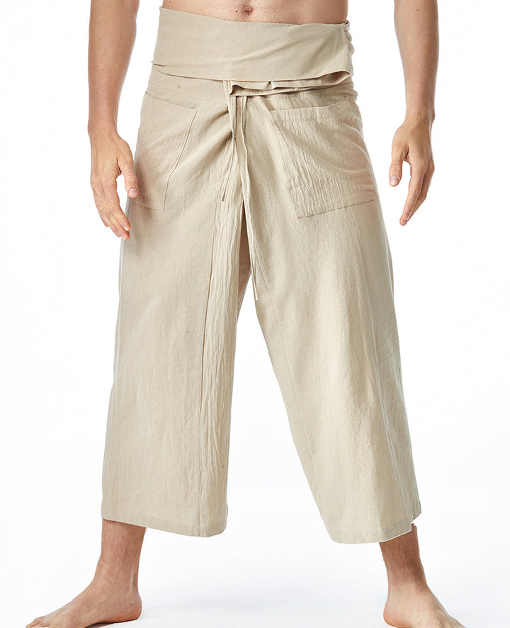 Men's loosely fitted linen harem pants with high foldover waistband and patch pockets Mune Fashion