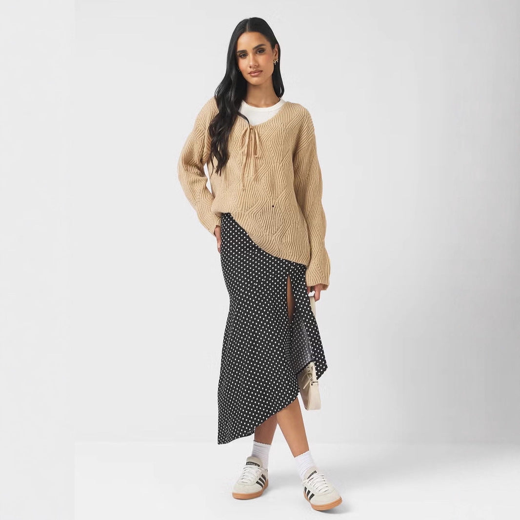Women's Oversized Knit Sweater with V-Neck, Drawstring, and Diamond Pattern Drune