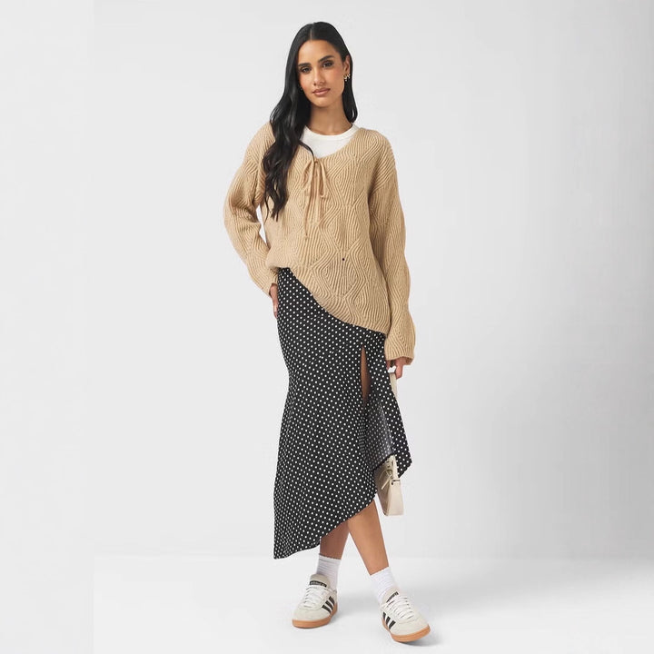 Women's Oversized Knit Sweater with V-Neck, Drawstring, and Diamond Pattern Drune