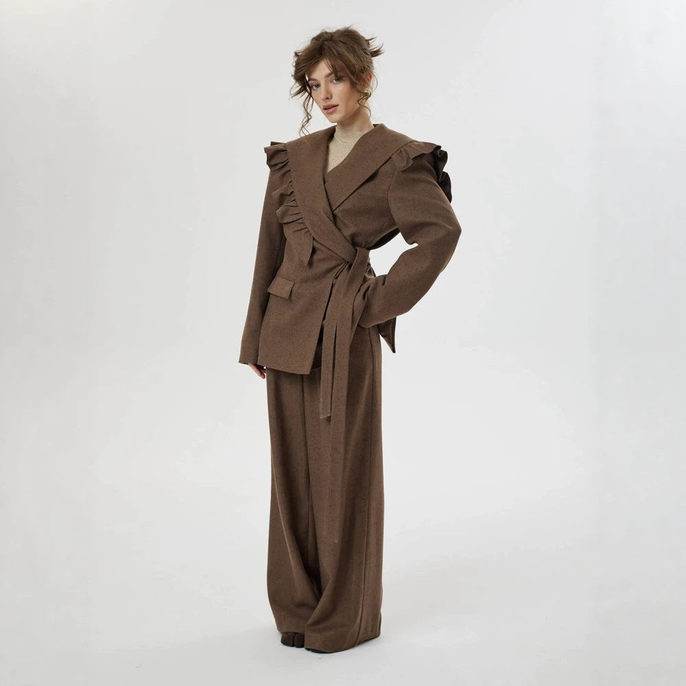 Women Two-Piece Oversized Blazer and Pants Set with Ruffled Shoulder and High Pleat Mune Fashion