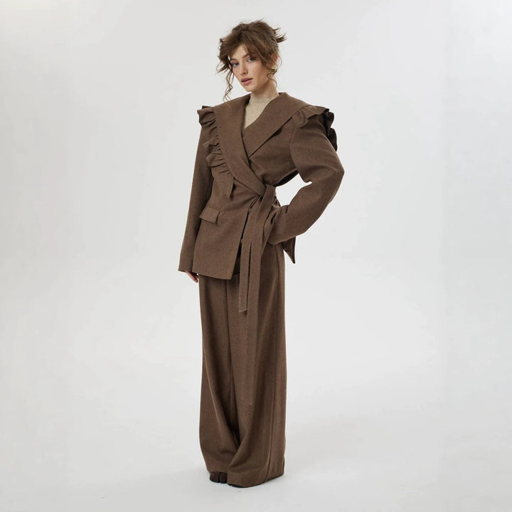 Women Two-Piece Oversized Blazer and Pants Set with Ruffled Shoulder and High Pleat Mune Fashion
