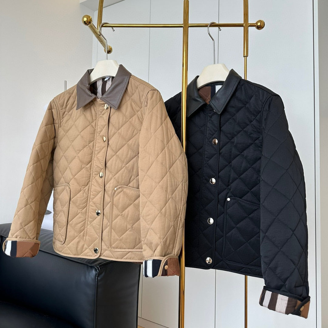 Ladies fashionable quilted jacket with elegant leather collar Mune Fashion