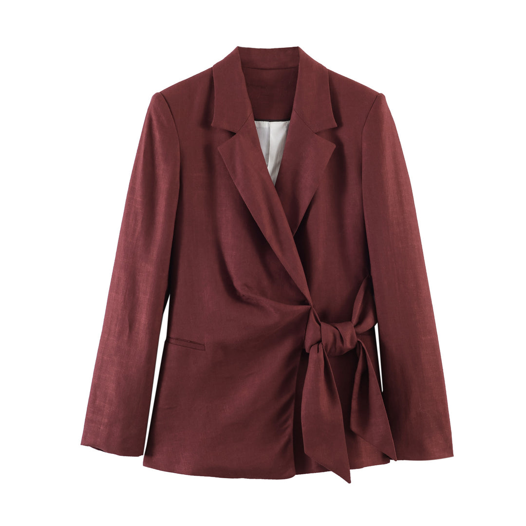 Women tailored linen blazer with belt and lapel collar Mune Fashion