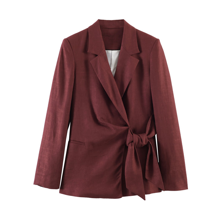Women tailored linen blazer with belt and lapel collar Mune Fashion