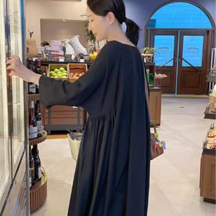 Ladies Long Smock Maxi Dress with Deep Waist Seam and Wide Bell Skirt Mune Fashion
