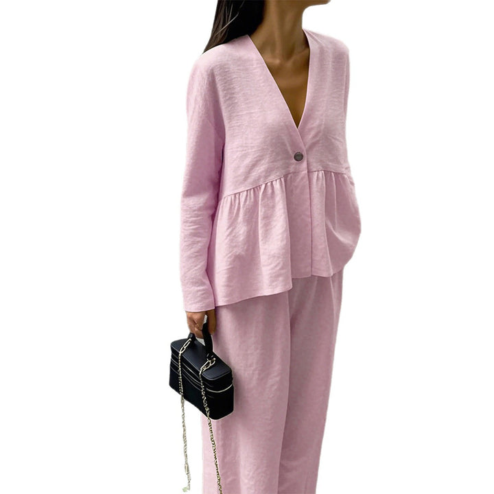 Ladies nan legeres linen mix two-piece with V-neck peplum blouse, single button placket and wide palazzo pants leg Mune Fashion