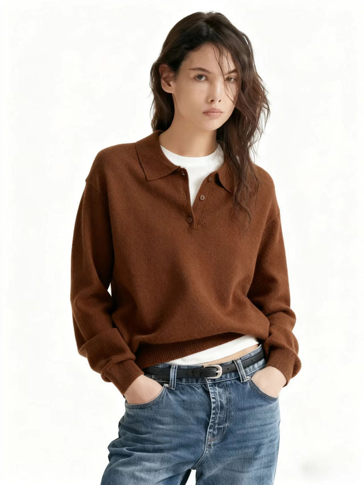 Women's fine-knit polo sweater with button placket and ribbed hem Drune