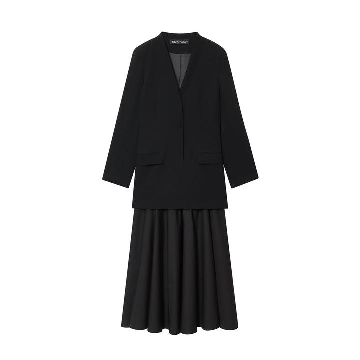Women's uncollared long blazer with open front, flap pockets, and light stretch Mune Fashion