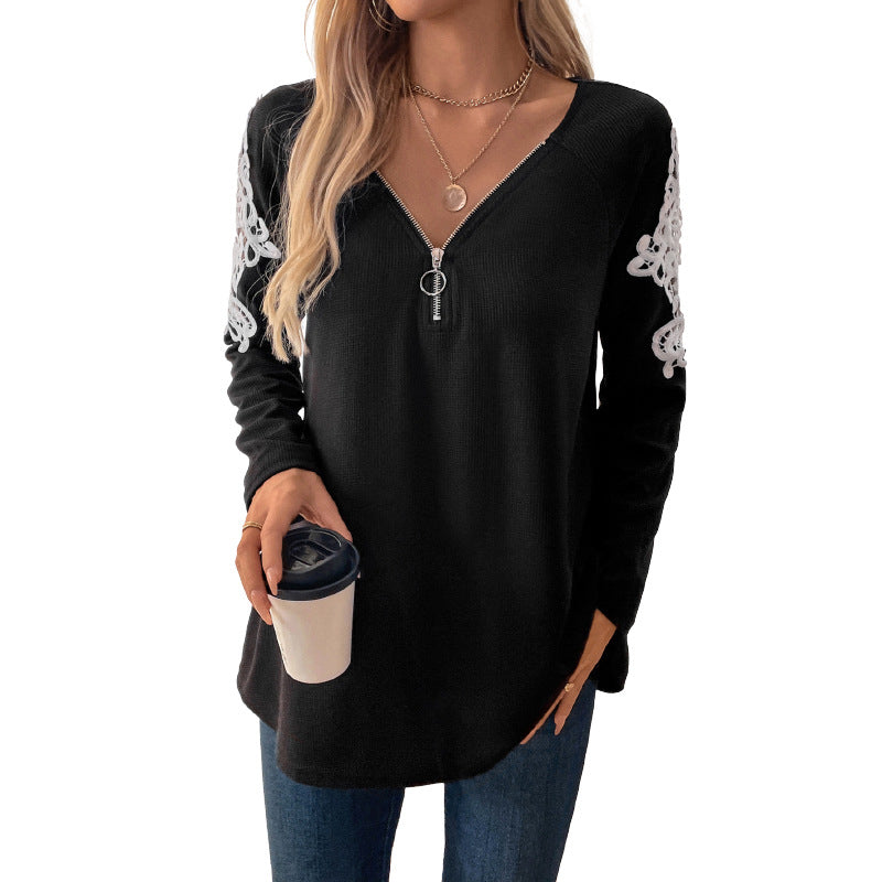 Women's Casual Long Sleeve Tunic Shirt with V-Zipper and Lace Application Mune Fashion