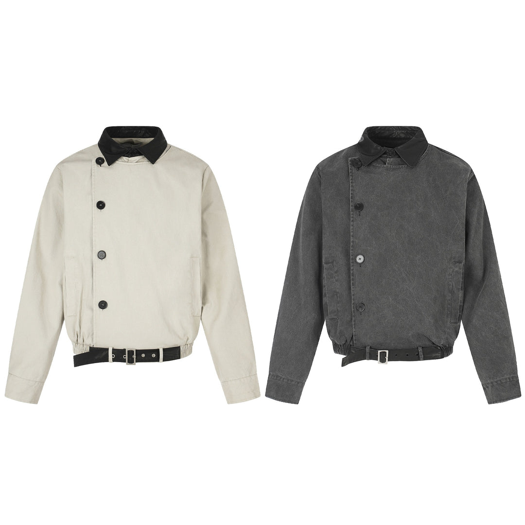 Men's short-cut boxy blouson with asymmetrical button placket, waist belt, and contrast collar Mune Fashion
