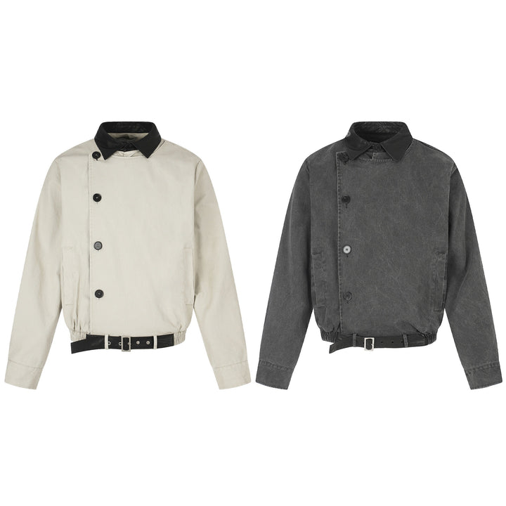 Men's short-cut boxy blouson with asymmetrical button placket, waist belt, and contrast collar Mune Fashion