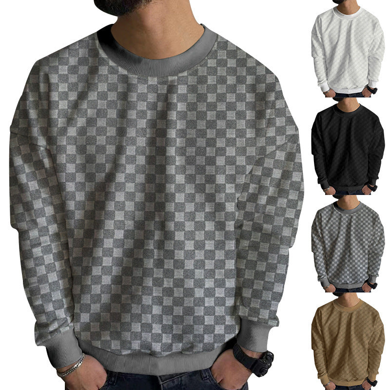 Men's Structured Cotton Sweatshirt with Checked Pattern and Round Neck Mune Fashion