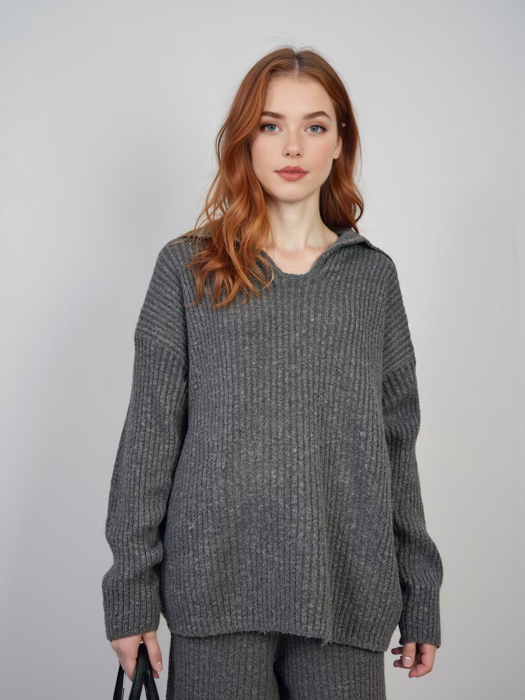 Women Ribbed Knit Two-Piece with Wide V-Neck, Long Scarf and Palazzo Pants Mune Fashion
