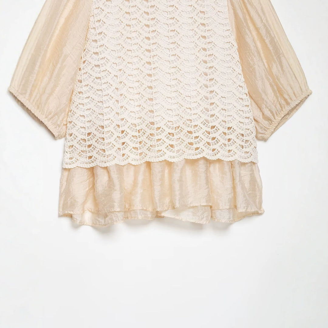 Ladies Crochet Overlay Blouse with Ruffle Underlayer and Puff Sleeves Mune Fashion
