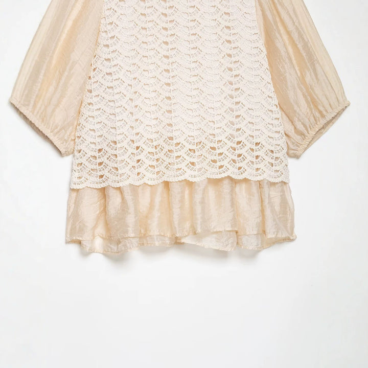 Ladies Crochet Overlay Blouse with Ruffle Underlayer and Puff Sleeves Mune Fashion